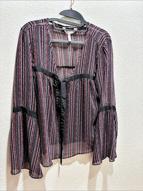 BCBGMAXAZRIA Striped Sheer Blouse in Black & Red and with a hint of blue.